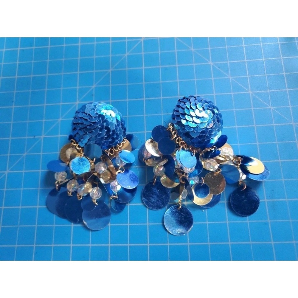 Vintage Blue &Silver Sequins Clip On Earrings 1960's